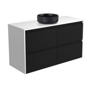 REBA Black, Crystal Amato 1200 Matte Black Vanity, Matte White Panels, Wall Hung