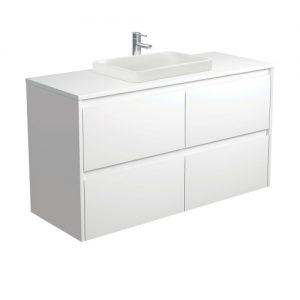Sarah Semi-Inset, Crystal Amato 1200 Matte White Vanity, Wall Hung