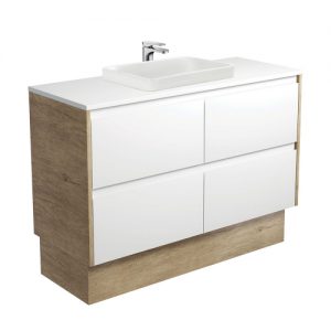 Sarah Semi-Inset, Crystal Amato 1200 Satin White Vanity, Scandi Oak Panels and Kick