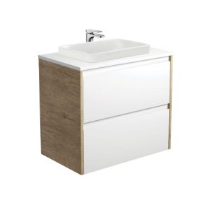 Sarah Semi-Inset, Crystal Amato 750 Satin White Vanity, Scandi Oak Panels, Wall Hung