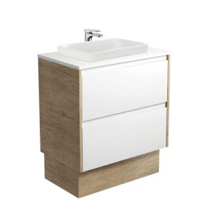 Sarah Semi-Inset, Crystal Amato 750 Satin White Vanity, Scandi Oak Panels and Kick