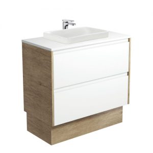 Sarah Semi-Inset, Crystal Amato 900 Satin White Vanity, Scandi Oak Panels and Kick